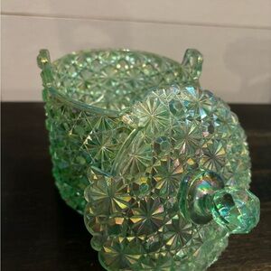 Light green Fenton candy dish with lid.